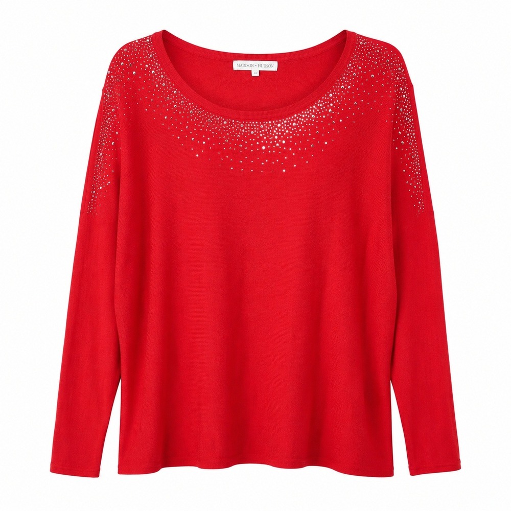 Madison + Hudson Knit Top Womens 2X Red Excellent Rhinestone Dolman GS62532X